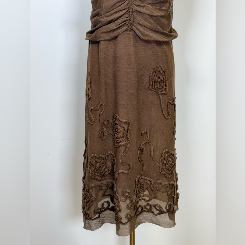 Max Studio Y2K Sleeveless Ruched Floral Appliqué Brown Midi Dress Women’s  XS - Picture 4 of 14